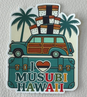 Sticker with a vintage car, palm trees, and 'I love Musubi Hawaii' text on a textured surface.